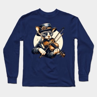 Devon Rex Cat Playing Violin Long Sleeve T-Shirt